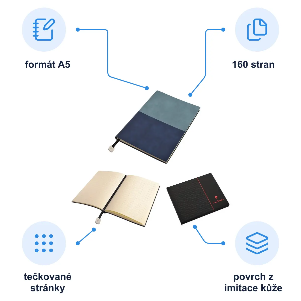 Infografika PIERRE CARDIN REPORTER Poznámkový blok A5, tečkované listy, světle modrá/tmavě modrá