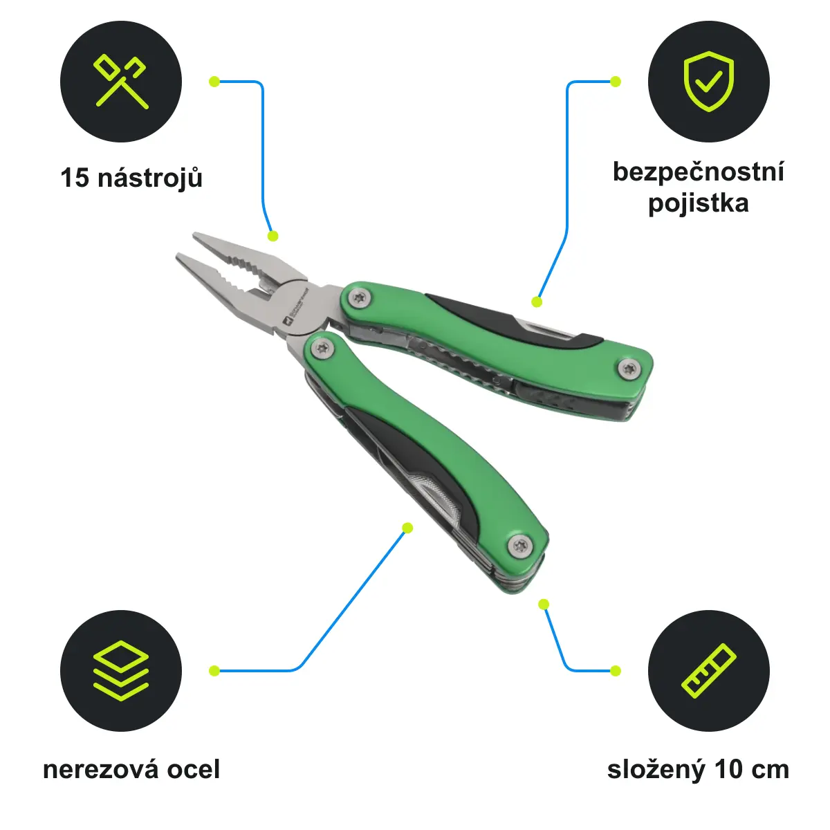 Infografika SCHWARZWOLF ARMADOR NEW Multifunkční nářadí, 15 ks, zelená