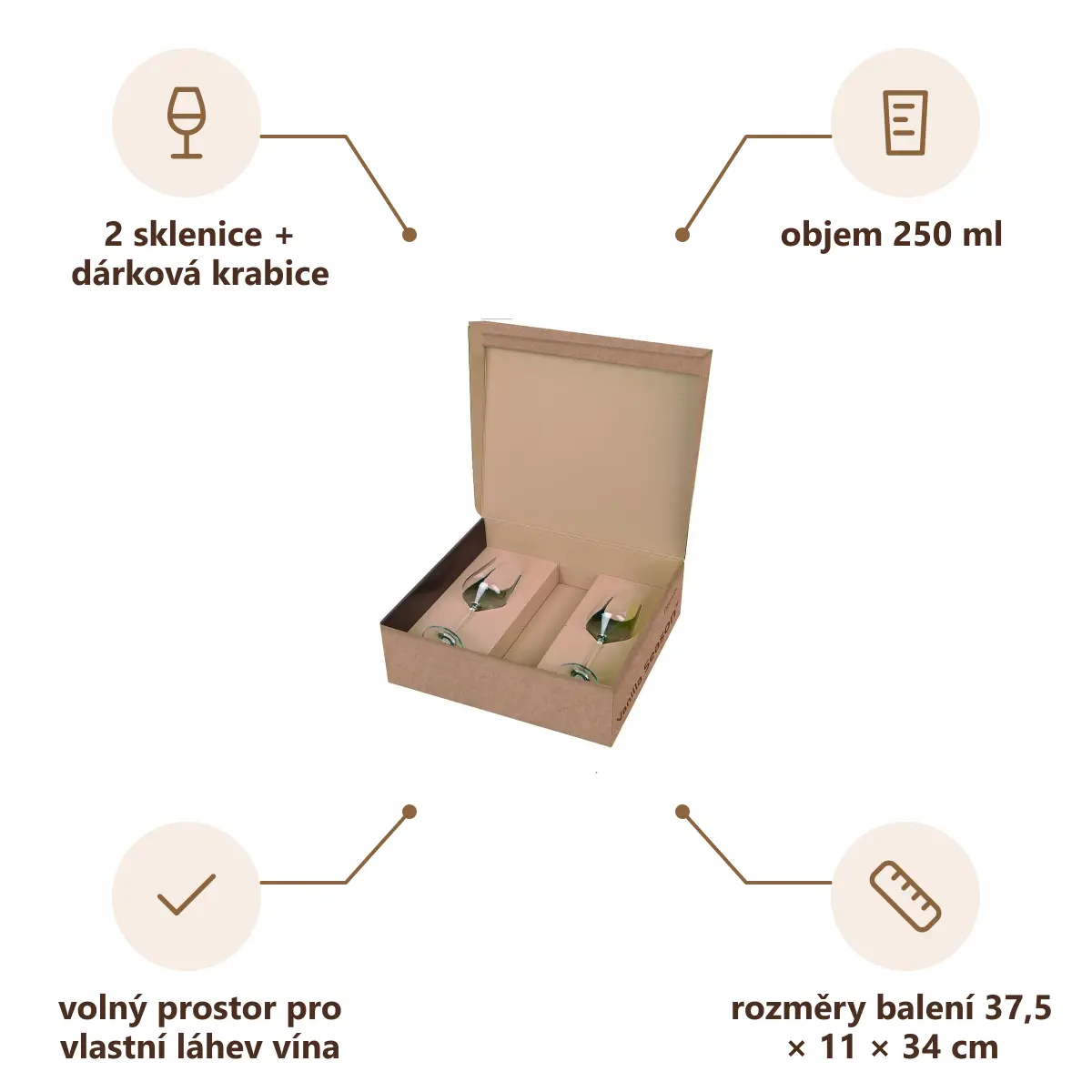 Infografika VS PAPUA Sada na víno, krabice s prostorem pro láhev + 2 sklenice