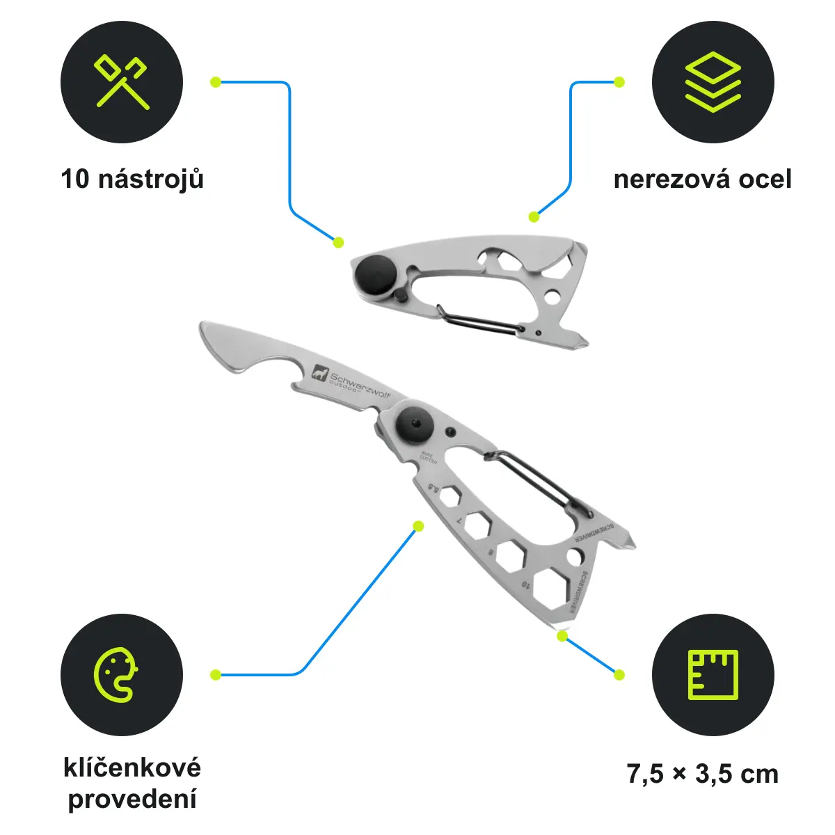 Infografika SCHWARZWOLF BURUNDI Multifunkční nářadí, 10 ks, stříbrná