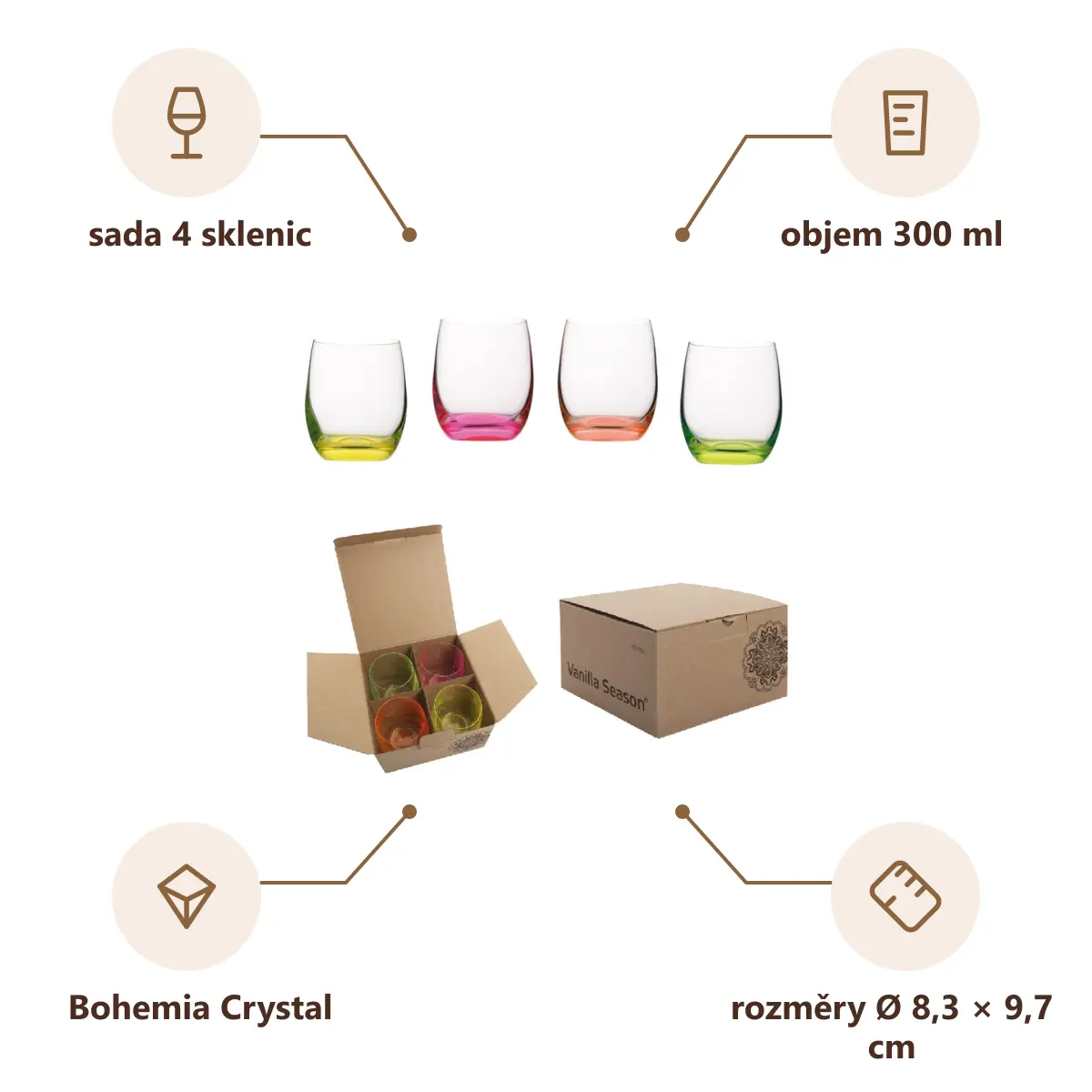 Infografika VS HATTA Sada 4 neonových sklenic - mix barev, 300 ml