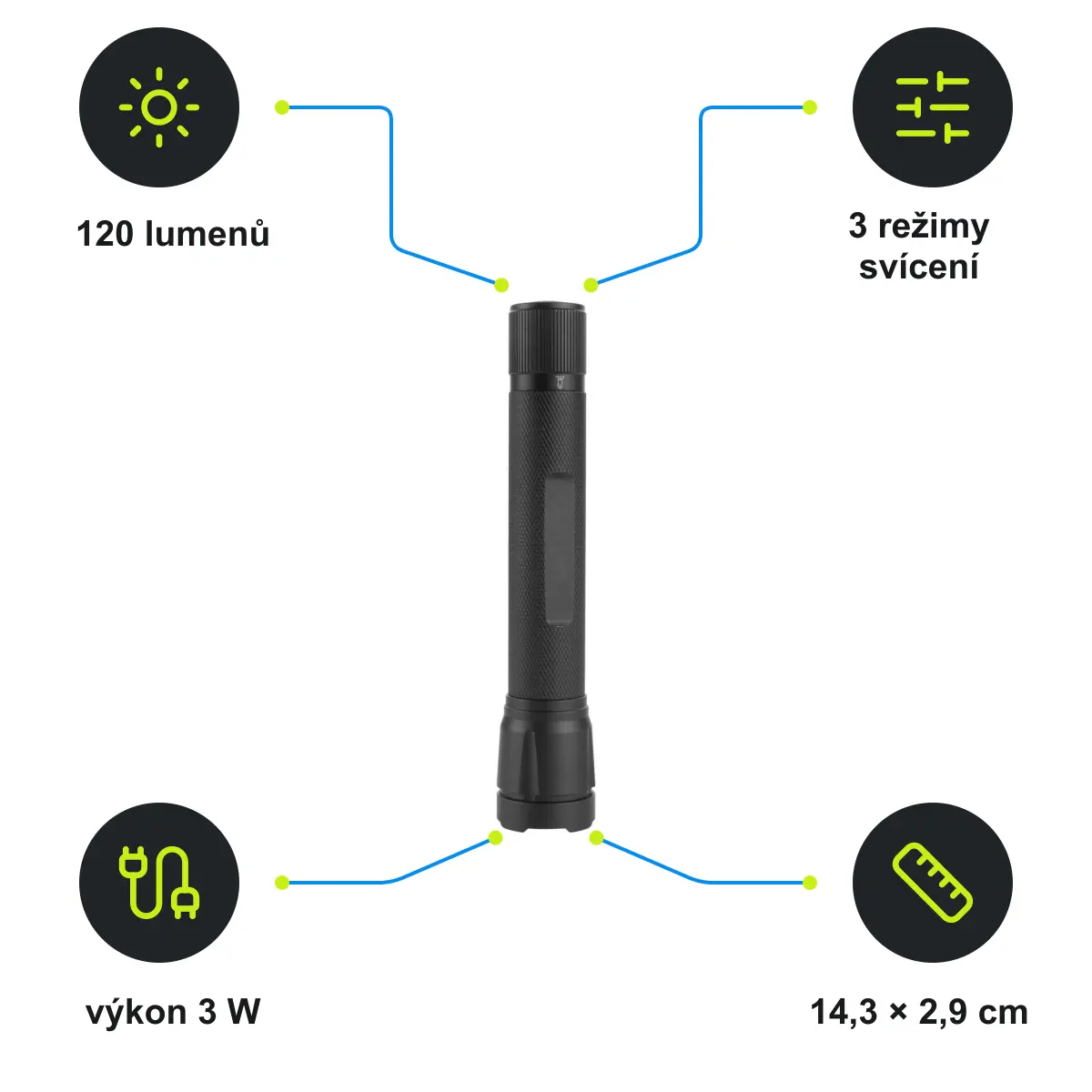 Infografika SCHWARZWOLF KIKAI Kovová svítilna s 3W CREE XPE LED diodou, černá