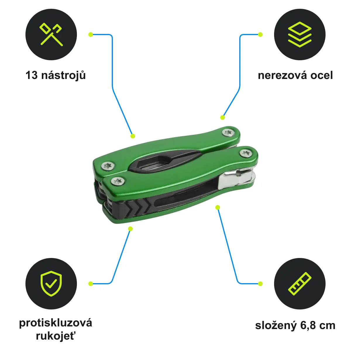 Infografika SCHWARZWOLF PONY NEW Mini multifunkční nářadí, 13 ks, zelená