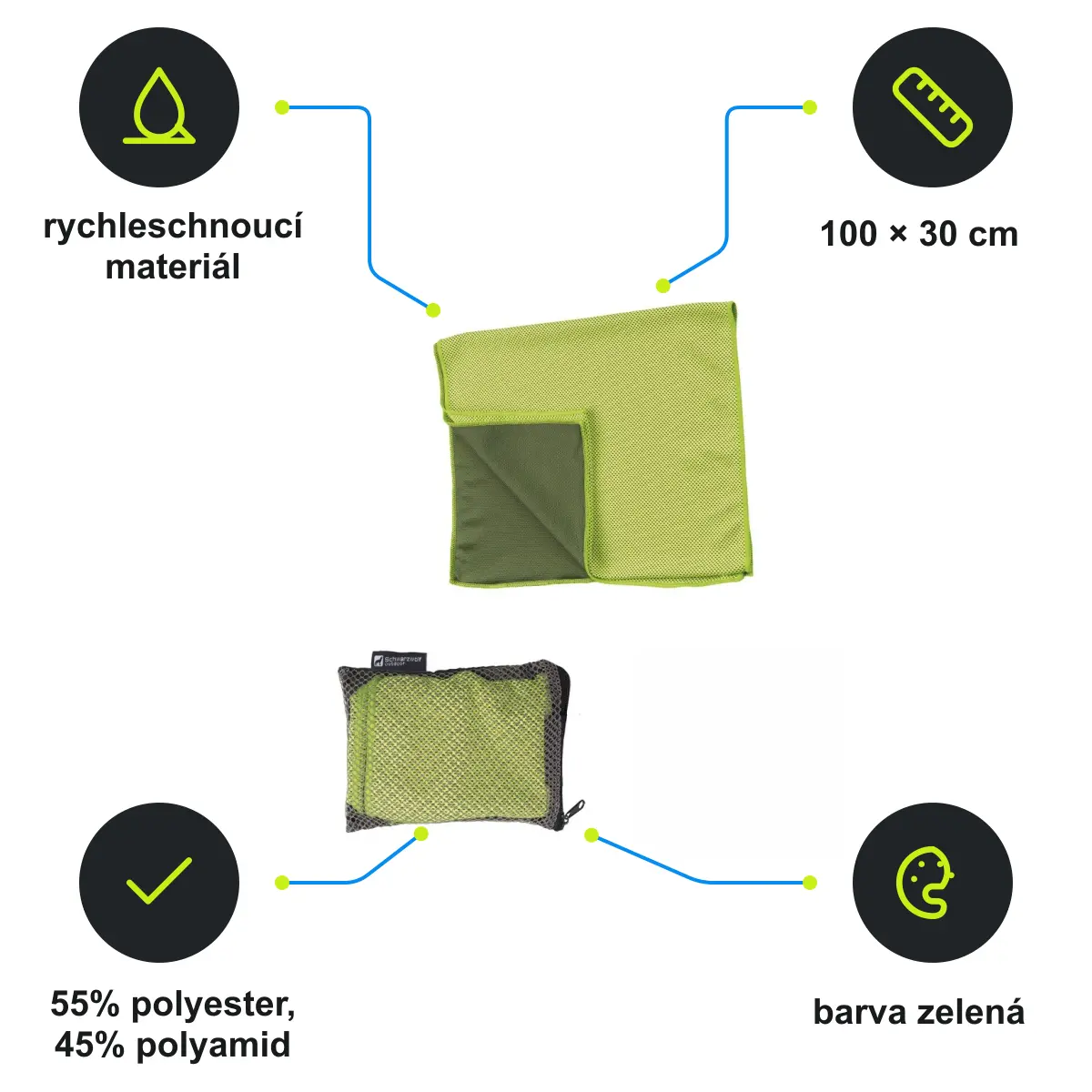 Infografika SCHWARZWOLF LANAO Outdoorový chladicí ručník 30 x 100 cm, zelená