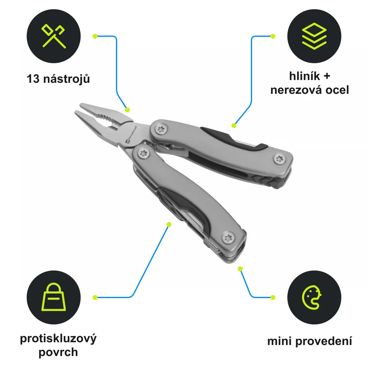 Infografika SCHWARZWOLF PONY NEW Mini multifunkční nářadí, 13 ks, šedá