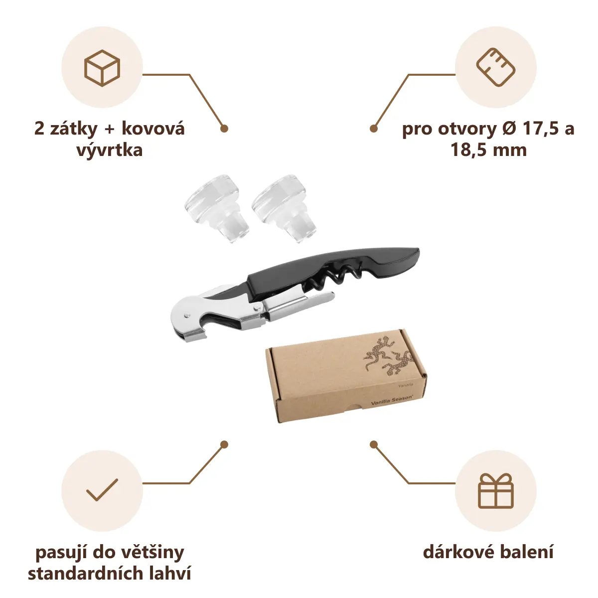 Infografika VS YANARIA Sada dvou skleněných zátek a otvíráku na víno