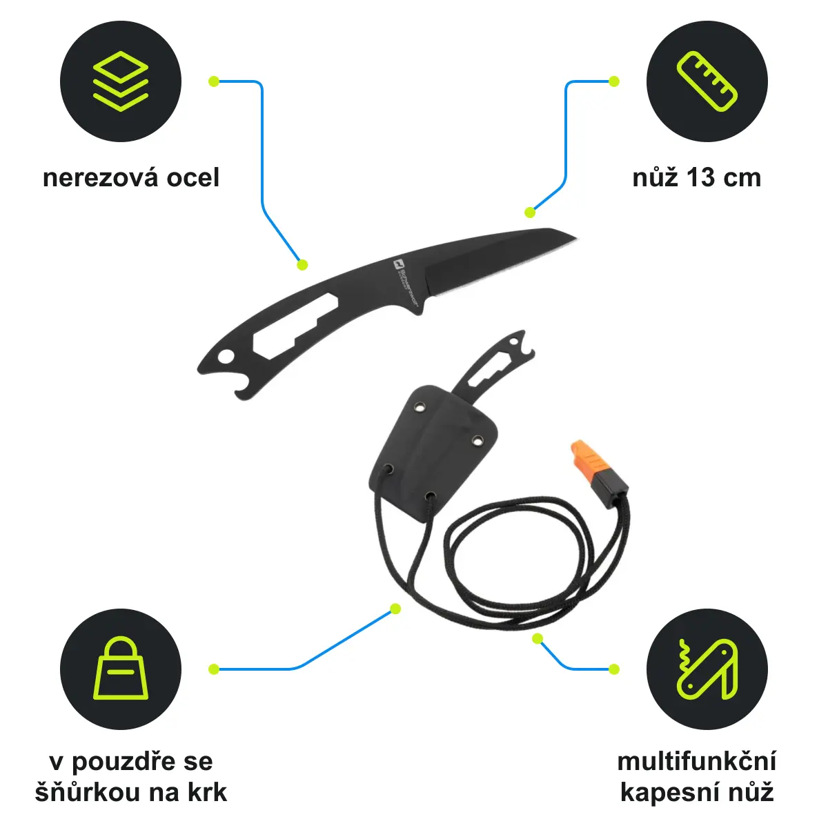 Infografika SCHWARZWOLF BAKO Multifunkční kapesní nůž v obalu se šňůrkou, černá