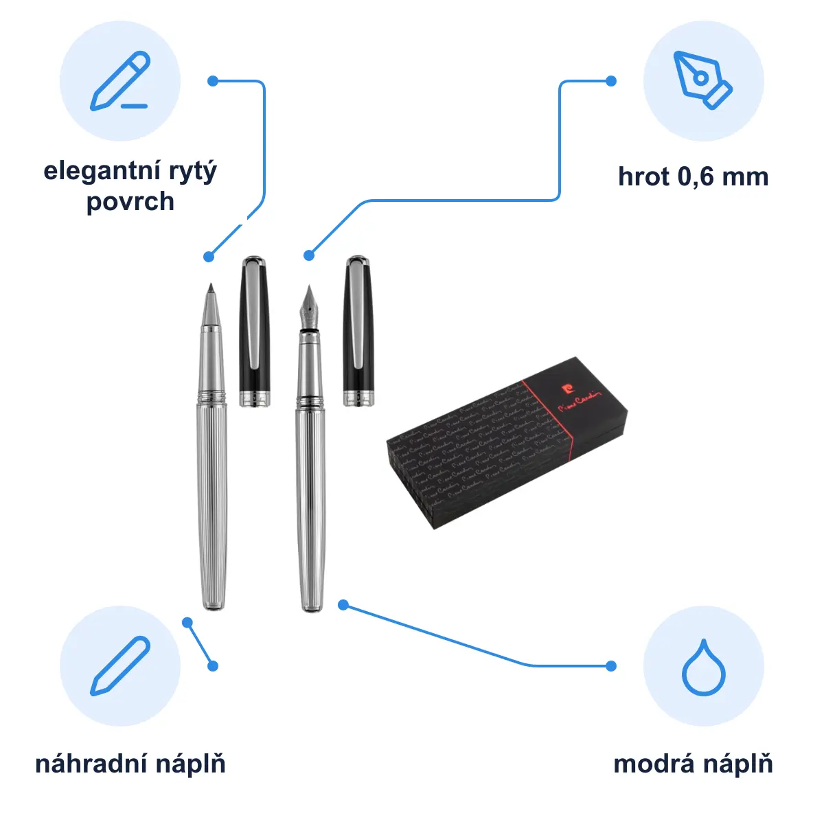 Infografika PIERRE CARDIN CHRISTOPHE Sada rolleru a plnicího pera, stříbrná/černá