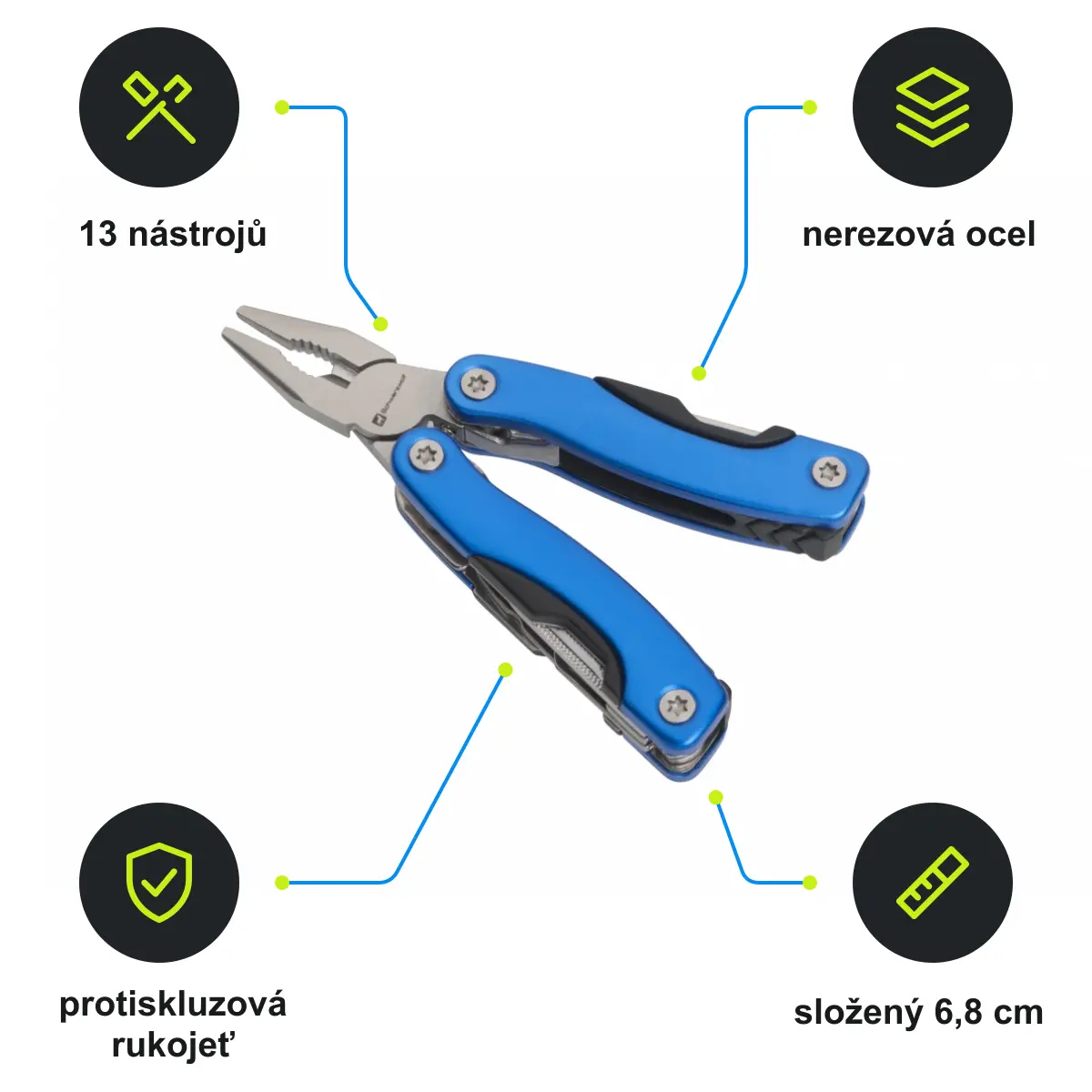 Infografika SCHWARZWOLF PONY NEW Mini multifunkční nářadí, 13 ks, modrá