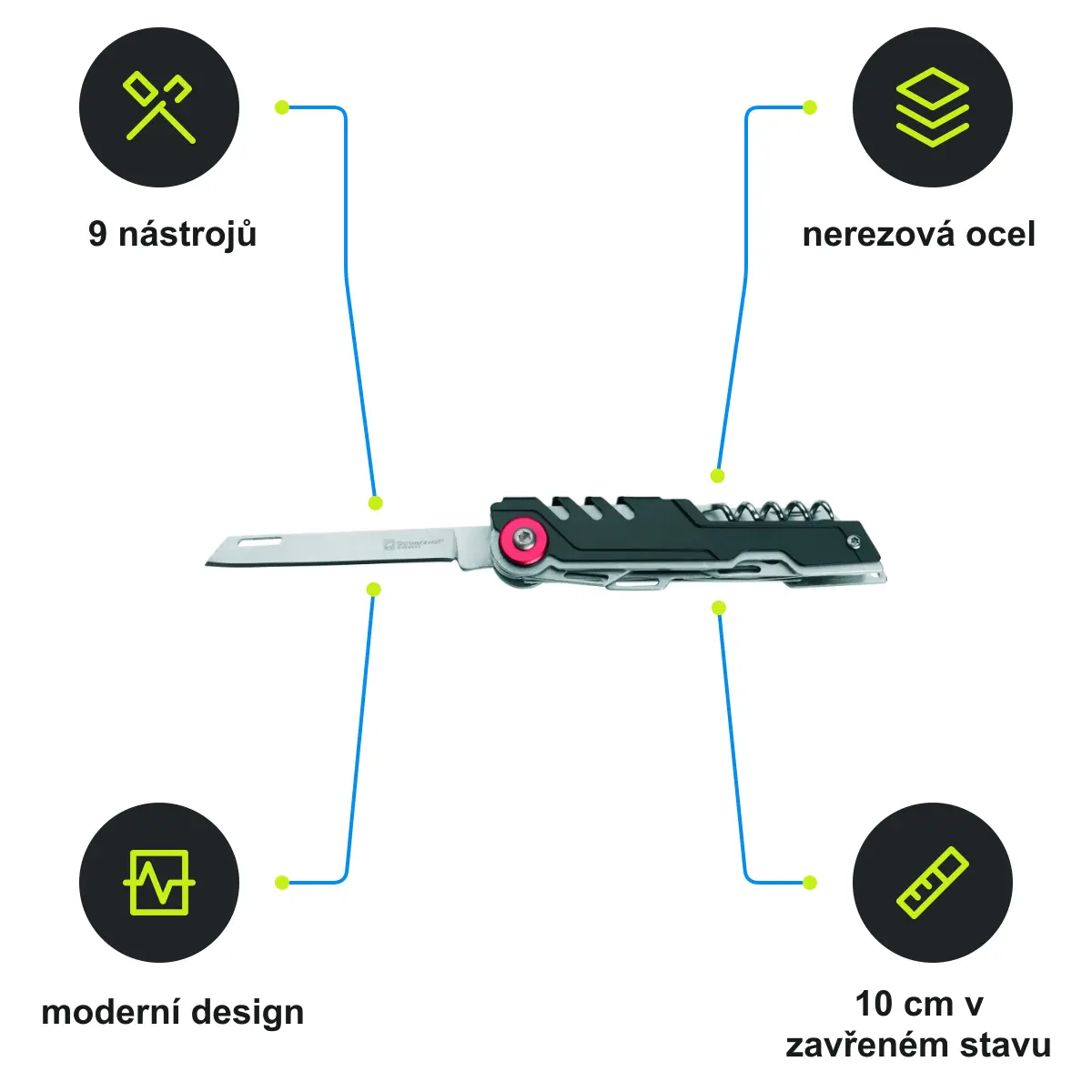 Infografika SCHWARZWOLF PELAT Multifunkční nářadí, 9 ks, černá/červená