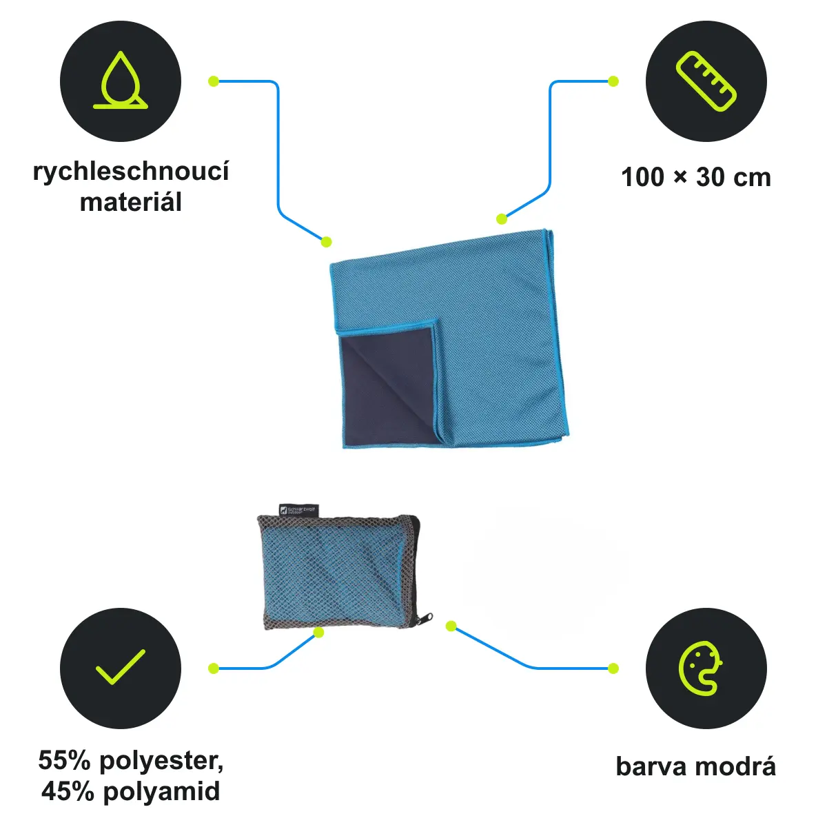 Infografika SCHWARZWOLF LANAO Outdoorový chladicí ručník 30 x 100 cm, modrá