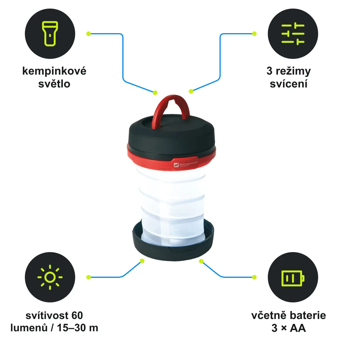 Infografika SCHWARZWOLF LUCA Skládací campingová svítilna, černá