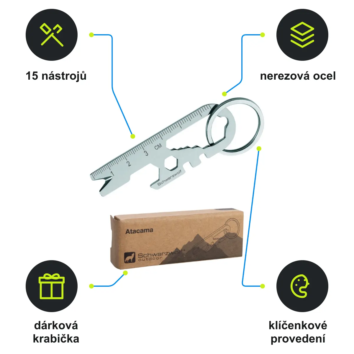 Infografika SCHWARZWOLF ATACAMA Multifunkční přívěsek na klíče, 15 ks nářadí, stříbrná
