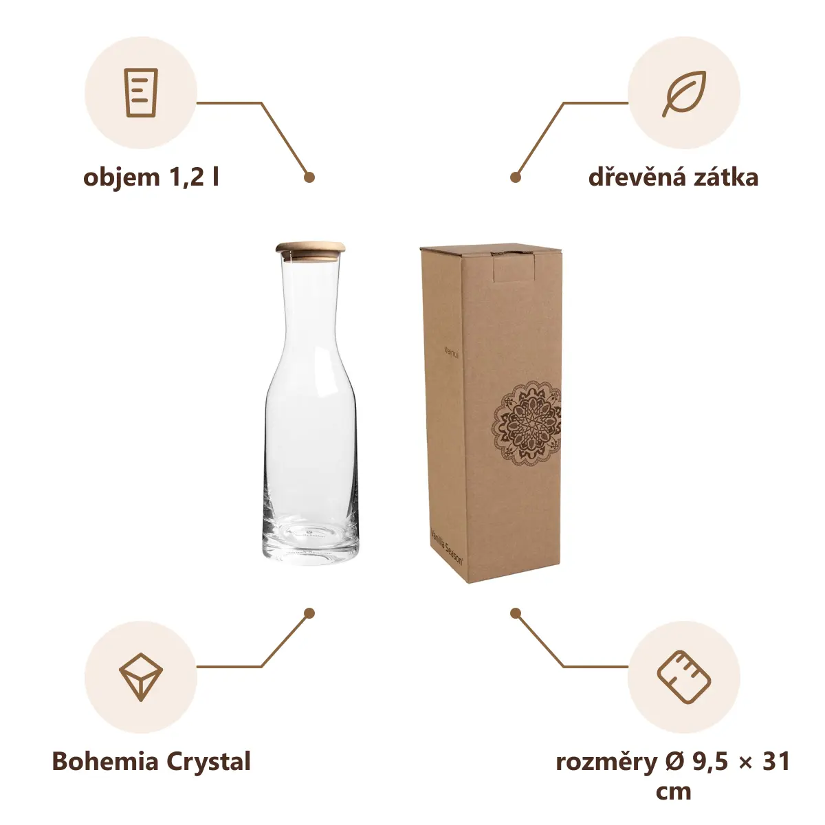 Infografika VS WAINUI Skleněná karafa na vodu s dřevěnou zátkou, 1,2 l