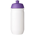 Láhev na pití 500ml, tělo je bílé z pružného plastu, víčko je fialové