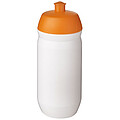 Láhev na pití 500ml, tělo je bílé z pružného plastu, víčko je oranžové