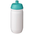 Láhev na pití 500ml, tělo je bílé z pružného plastu, víčko je tyrkysové
