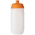 Láhev na pití 500ml, tělo je matně čiré z měkkého plastu, víčko je oranžové