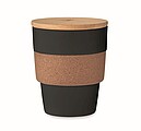 Plastový kelímek 300ml, s korkovým rukávem a bambusovým víčkem, černý