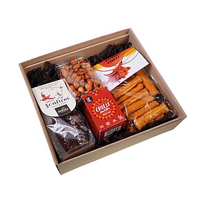 CHILLI Dárková sada - klobáska s chilli, nakládané piri papričky, oříšky v karamelu s chilli 100g, švestkové chutney