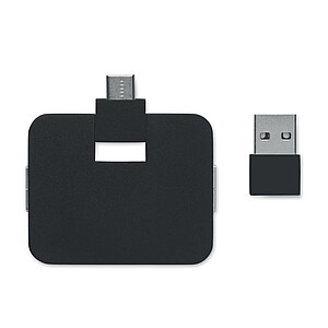 Čtyřportový 2.0 USB rozbočovač z ABS. Výstup: 2x typ A a 2x typ C. Vstup: Typ C a Typ A. Délka kabelu: 20 cm., černá