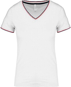 Dámské tričko LADIES PIQUÉ KNIT V-NECK, bílá/námořní modrá/červená, velikost XS