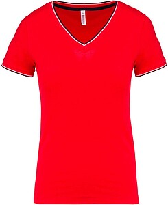 Dámské tričko LADIES PIQUÉ KNIT V-NECK, červená/námořní modrá/bílá, velikost XS