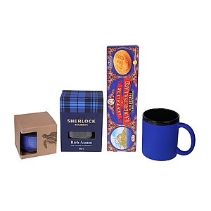 DARELA BLUE Sada obsahující čokoládové pralinky, čaj, svíčku a modrý hrnek, v dárkové krabici