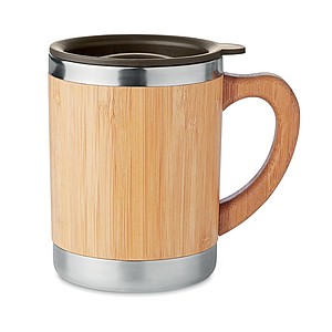 Dvouvrstvý nerezový termohrnek, 300ml, víčko plastové, vnější vrstva z bambusu - termohrnek s vlastním potiskem