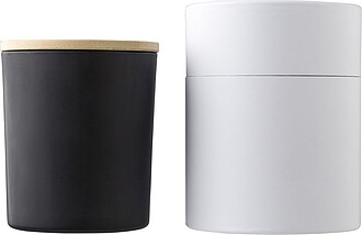 FLAVIAS Menší skleněná svíčka s bambusovým víčkem, černá (santalové dřevo)