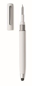 Kuličkové pero s modrou náplní, stylusem a čistící sadou na sluchátka, bílé