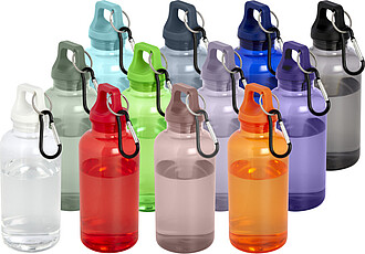 Láhev z recyklovaného plastu s karabinou, 400 ml, šedozelená