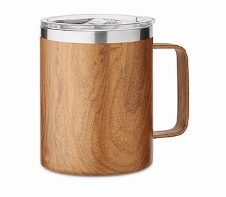 Nerezový dvoustěnný termohrnek v dřevěném vzhledu, 300ml, plastové víčko - ekologické reklamní předměty