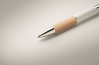 Propiska s modrou náplní a bambusovým úchopem, bílá