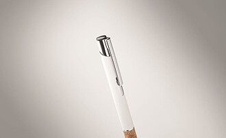 Propiska s modrou náplní a korkovým úchopem, bílá