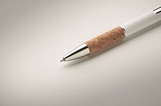 Propiska s modrou náplní a korkovým úchopem, bílá