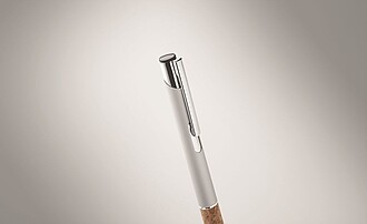 Propiska s modrou náplní a korkovým úchopem, stříbrná