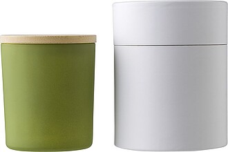 Velká skleněná svíčka s bambusovým víčkem, vůně jasmínu, zelená