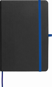 Zápisník A5, černé desky, modrá gumička