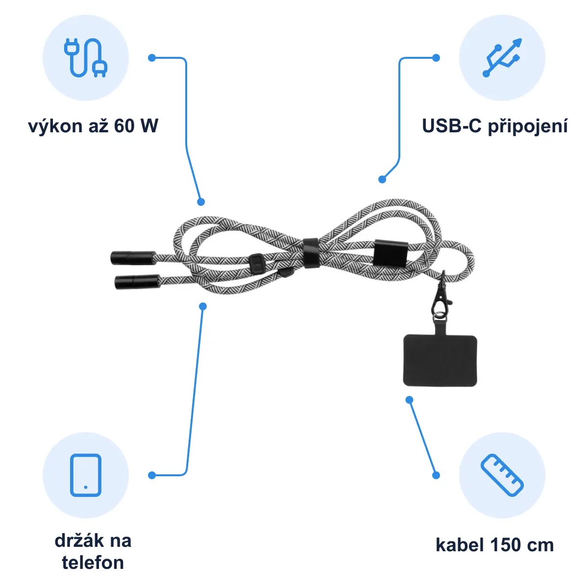 Infografika PIERRE CARDIN AUDREY Nabíjecí kabel s držákem na telefon, černá/bílá
