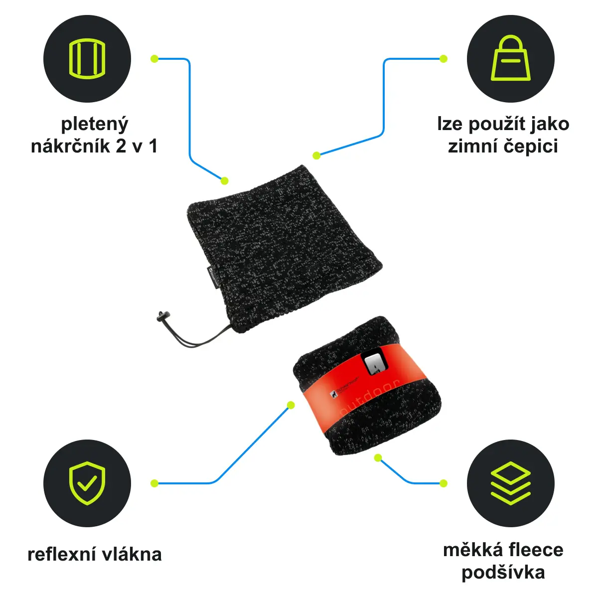 Infografika SCHWARZWOLF MOGOTON Pletený reflexní nákrčník 2v1 podšitý fleecem, černá