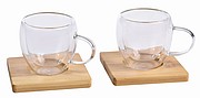 AVENA Sada dvou skleněných dvoustěnných šálků s bambusovými podtácky, 100 ml