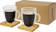 KAMOMILA Sada dvou skleněných hrnků dvoustěnných s bambusovými podtácky, 350 ml