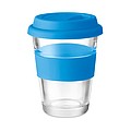 Skleněný hrnek se silikonovým víčkem a kroužkem, 350ml, modrá