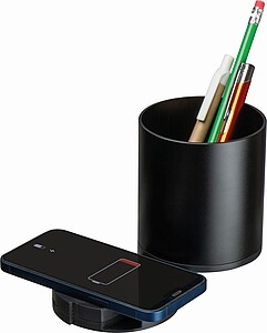 ALPOR Stojan na pera z recyklovaného hliníku s funkcí bezdrátového nabíjení a rozbočovačem USB, černá