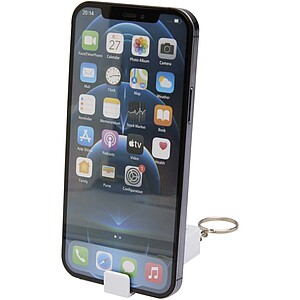 Bambusový stojan na telefon s antistresovou hračkou z recyklovaného plastu, bílá - reklamní předměty