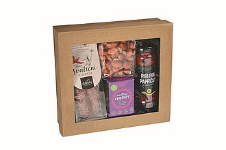 CHILLI Dárková sada - klobáska s chilli, nakládané piri papričky, oříšky v karamelu s chilli 100g, švestkové chutney - reklamní předměty