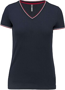 Dámské tričko LADIES PIQUÉ KNIT V-NECK, námořní modrá/červená/bílá, velikost XS - dámská trička s vlastním potiskem
