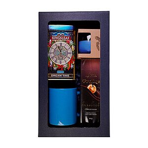 DARELA BLUE Sada obsahující čokoládové pralinky, čaj, svíčku a modrý hrnek, v dárkové krabici - reklamní předměty