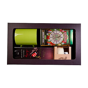 DARELA GREEN Sada obsahující čokoládové pralinky, sypaný čaj, svíčku a zelený hrnek, v dárkové krabici - reklamní předměty